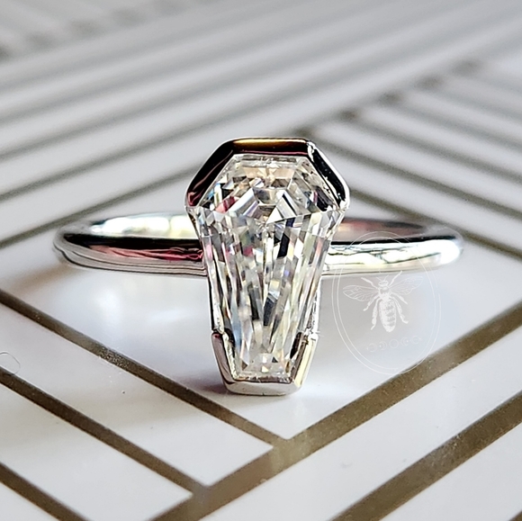 Cert. 2ct Coffin Cut Moissanite Diamond Solitaire S925 Ring Ready to Ship U.S.A. - Picture 3 of 10